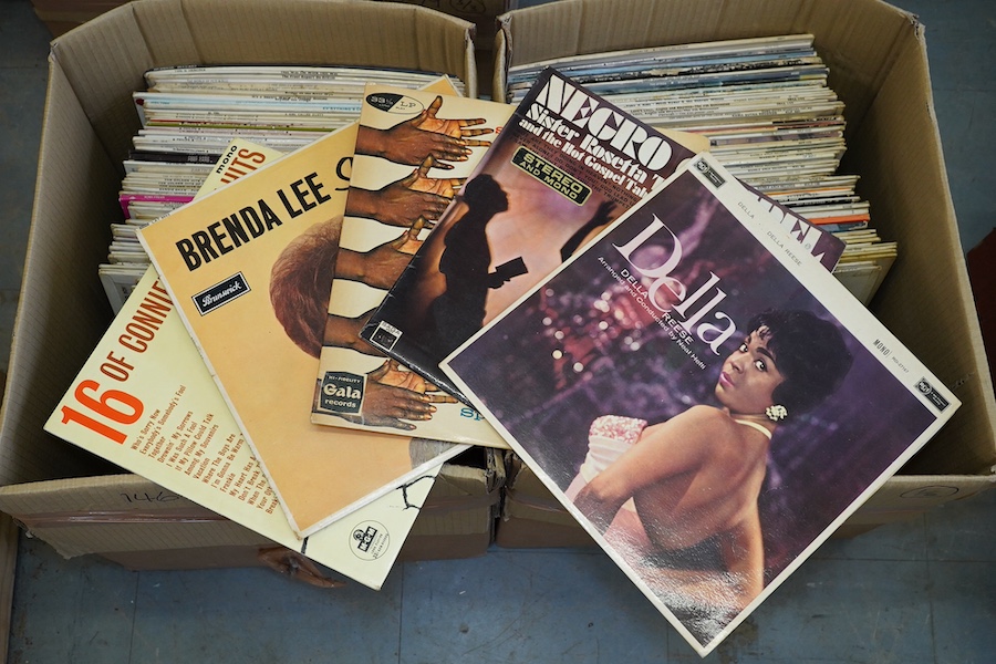 Two boxes of LP record albums, artists include; Chicory Tip, the Byrds, The Fifth Dimension, Lovin’ Spoonful, the Mamas & The Papas, Nancy Sinatra, Francoise Hardy, Nina Simone, Laura Lee, Wanda Jackson, Joan Baez, Mary